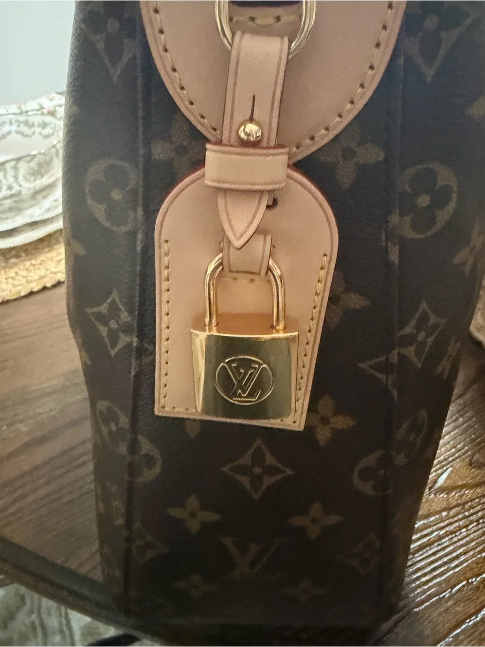 Louis Vuitton Monogram Shoulder Hobo in Brown with Red Trim